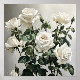 White Roses Flower Art Print Poster