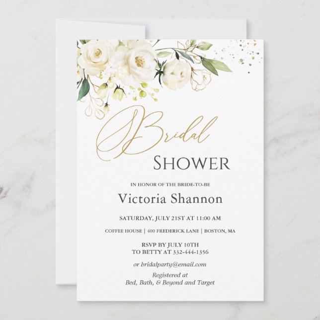 White Roses Foliage Bridal Shower Invitation (Front)