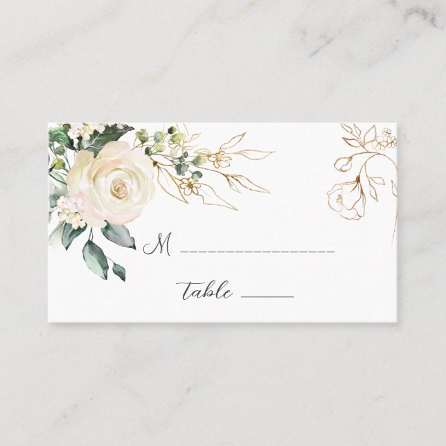 White Roses Foliage Wedding Folded Place Card (Front)
