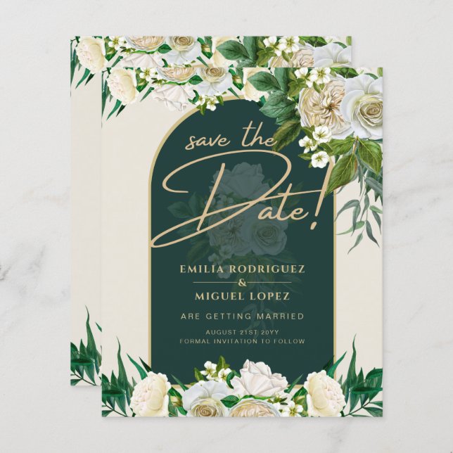 White Roses Forest Green Winter Wedding Save Dates (Front/Back)