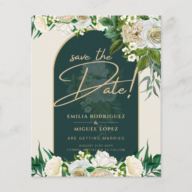 White Roses Forest Green Winter Wedding Save Dates Flyer (Front)