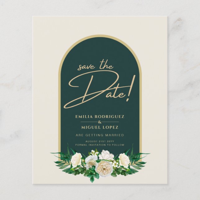 White Roses Forest Green Winter Wedding Save Dates Flyer (Front)