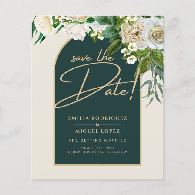 White Roses Forest Green Winter Wedding Save Dates Flyer (Front)