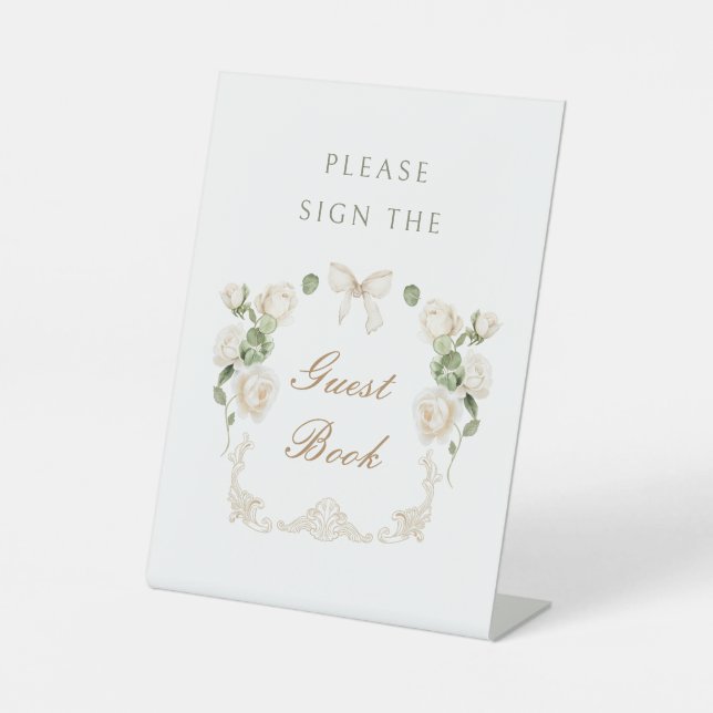 White Roses Frame Guest Book Pedestal Sign (Front)