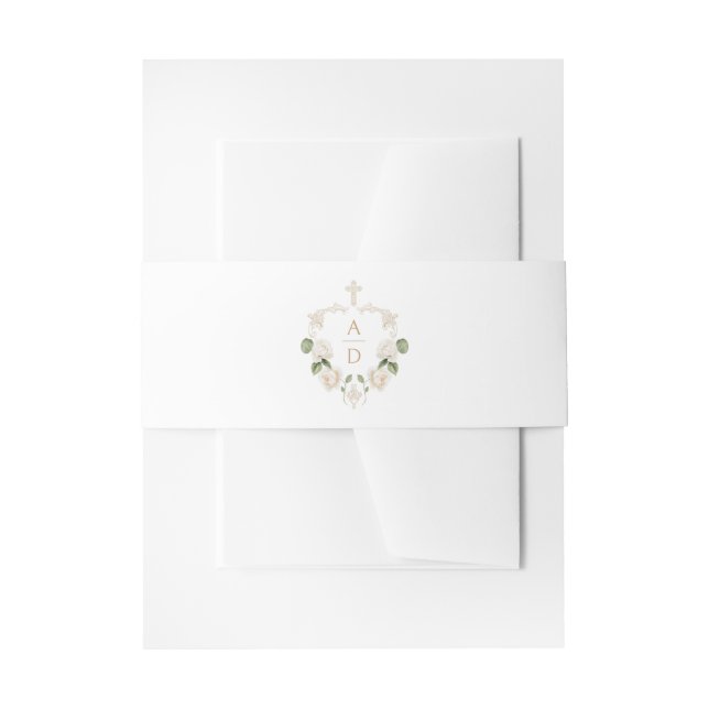 White Roses Frame Religious Wedding Monograms Invitation Belly Band (Front Example)