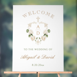 White Roses Frame Religious Wedding Welcome Acrylic Sign