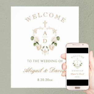 White Roses Frame Religious Wedding Welcome Poster