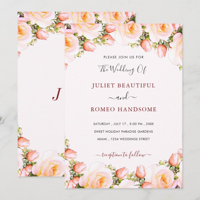 White Roses Framed Wedding Invitation (Front/Back)