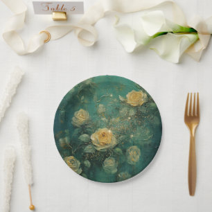 White Roses Gold Antique Vintage Romantic Green Paper Plate