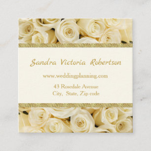 White roses, gold border Wedding planner Square Business Card