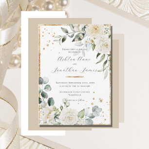 White Roses Gold Elegant Modern Wedding Invitation