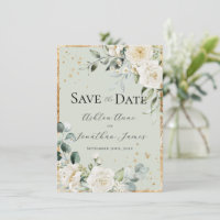 White Roses Gold Green Elegant Modern Wedding