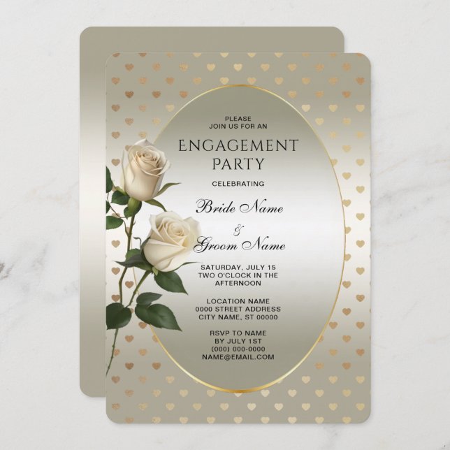 White Roses Gold Hearts Engagement Invitation (Front/Back)