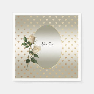 White Roses Gold Hearts Napkins