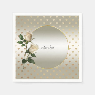 White Roses Gold Hearts Napkins