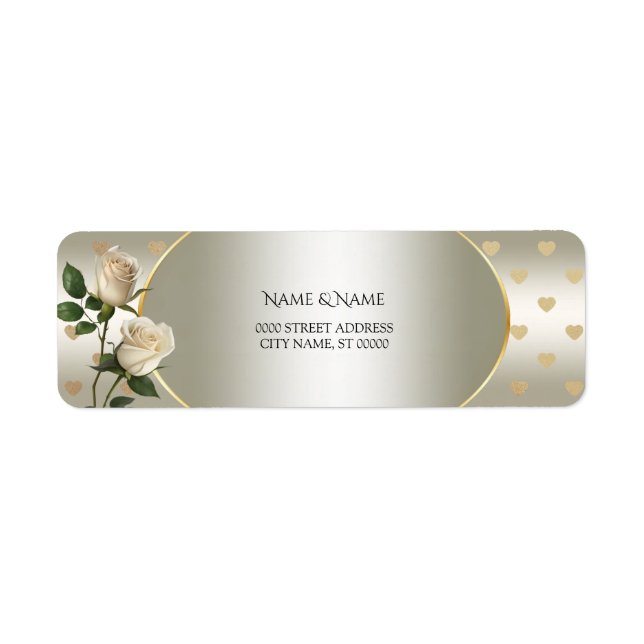 White Roses Gold Hearts Return Address Label (Front)