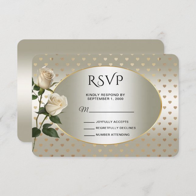 White Roses Gold Hearts RSVP Card (Front/Back)