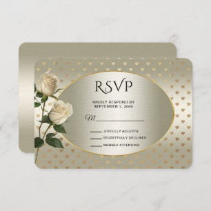 White Roses Gold Hearts RSVP Card