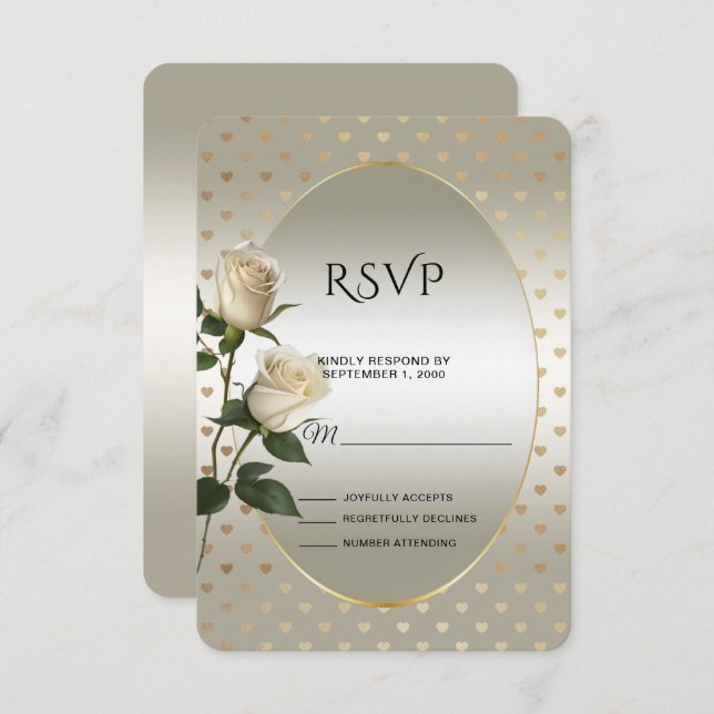 White Roses Gold Hearts RSVP Card (Front/Back)