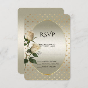 White Roses Gold Hearts RSVP Card