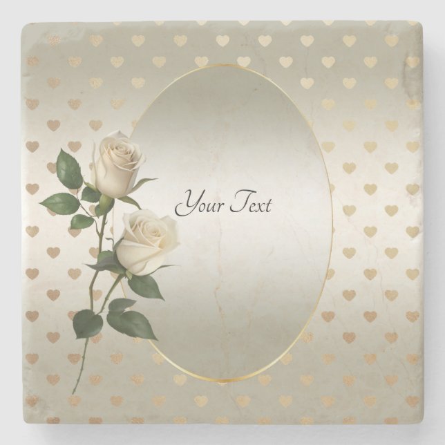 White Roses Gold Hearts Stone Coaster (Front)