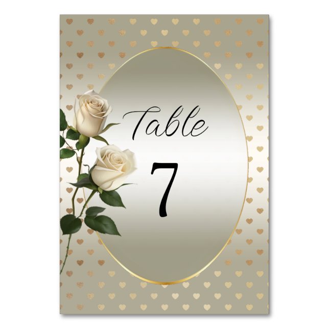 White Roses Gold Hearts Table Number (Front)