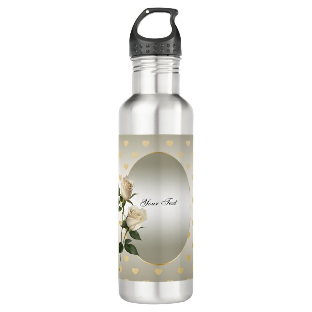 White Roses Gold Hearts Water Bottle (Front)
