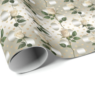 White Roses Gold Hearts Wrapping Paper