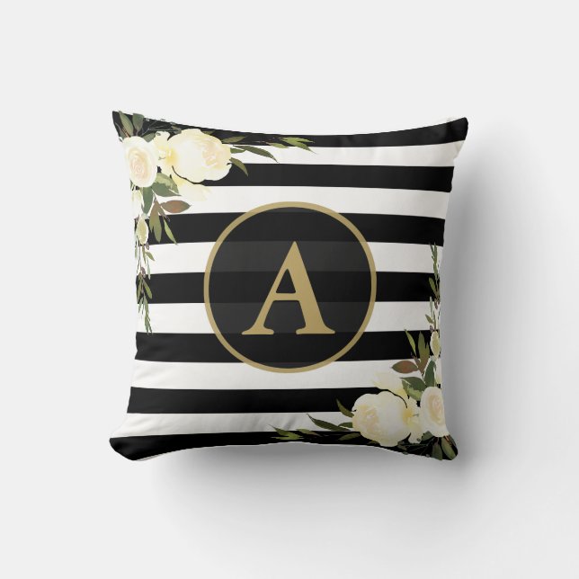 WHITE ROSES Gold Monogram Black White Striped Cushion (Front)