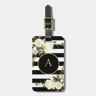WHITE ROSES Gold Monogram Black White Striped Luggage Tag