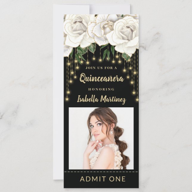 White Roses Gold String Light Quinceañera Ticket Invitation (Front)