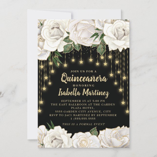 White Roses Gold String Light Star Quinceañera  Invitation (Front)