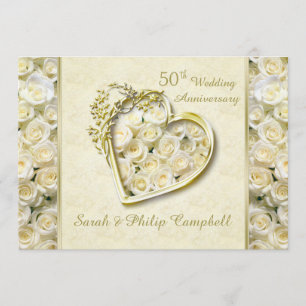 White roses, golden heart 50th Wedding Anniversary Invitation
