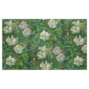 "White roses, green leaves", beautiful flowers Fabric