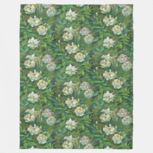 "White roses, green leaves", beautiful flowers Fleece Blanket