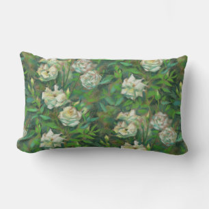 "White roses, green leaves", beautiful flowers Lumbar Cushion