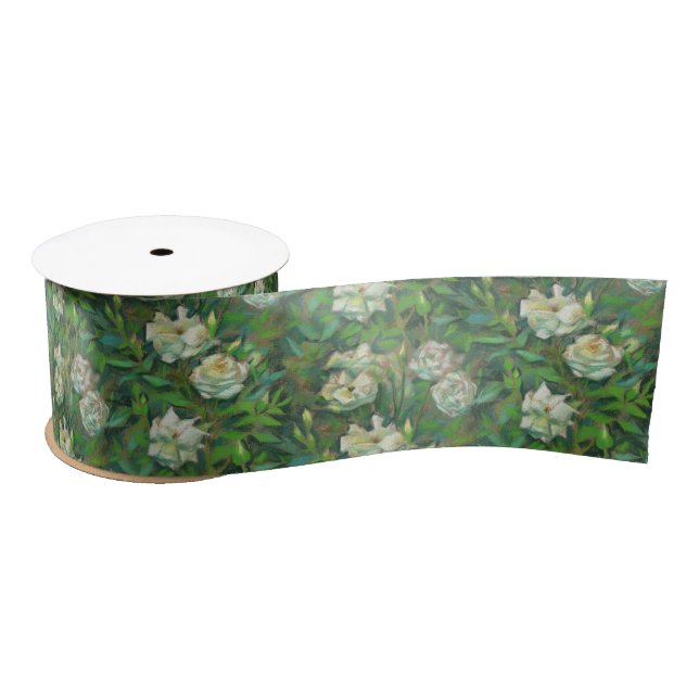 "White roses, green leaves", botanical pattern Satin Ribbon (Spool)