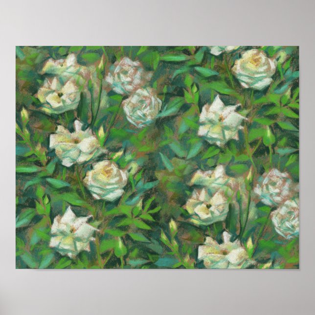 White Roses Green Leaves Flowers Floral Painting Poster (Front)