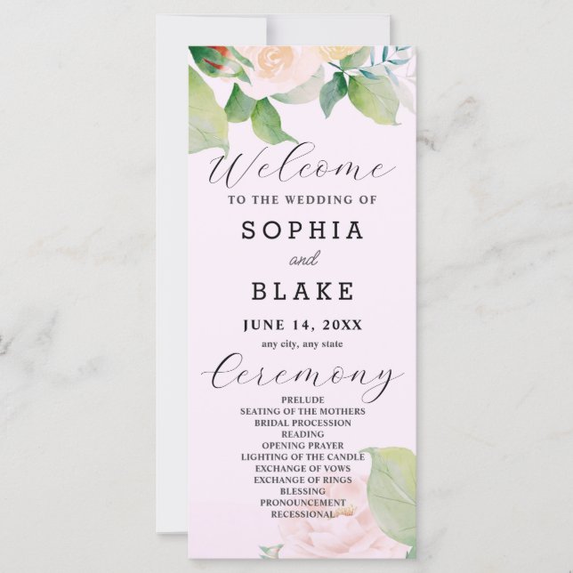 White Roses Green Leaves Pink Wedding Program (Front)