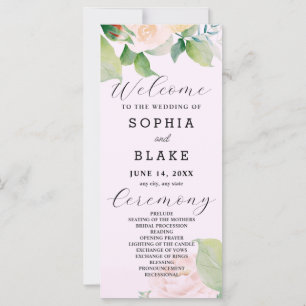 White Roses Green Leaves Pink Wedding Program