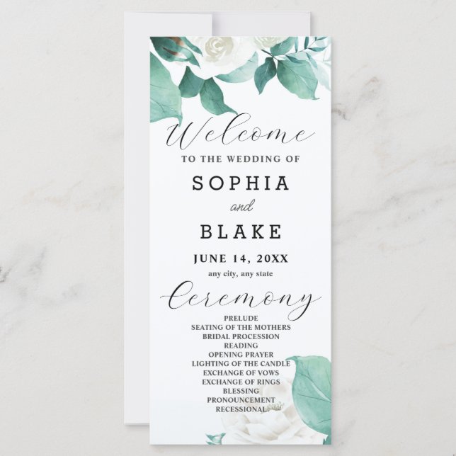 White Roses Green Leaves White Wedding Program (Front)