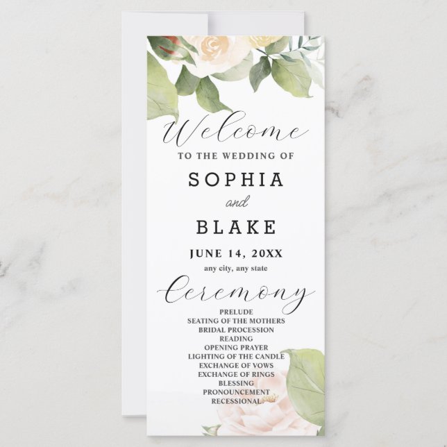 White Roses Green Leaves White Wedding Program (Front)