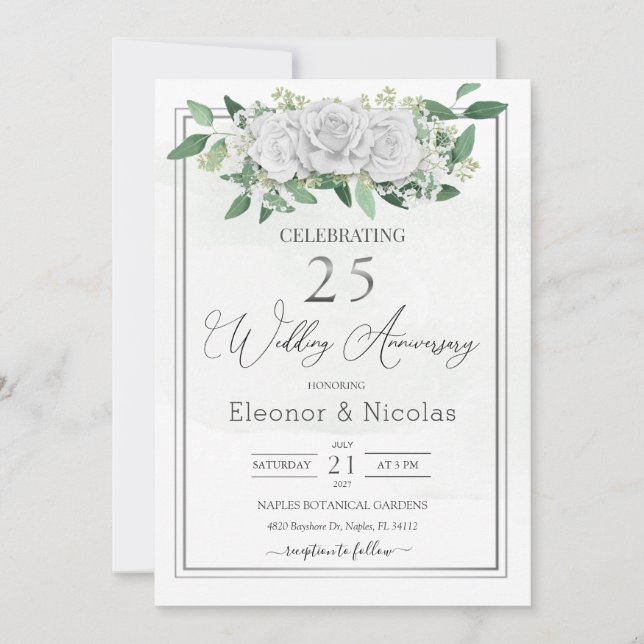 White Roses Greenery 25th Wedding Anniversary Invitation (Front)