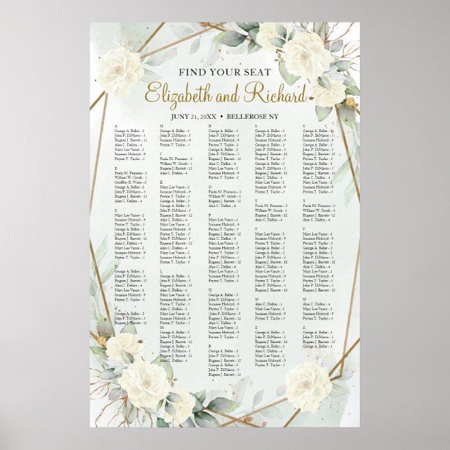 White Roses Greenery Alphabetical Seating Chart (Front)