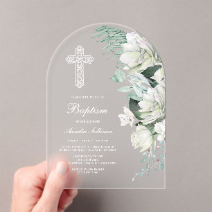 White Roses Greenery Arch Baptism Acrylic Invitations