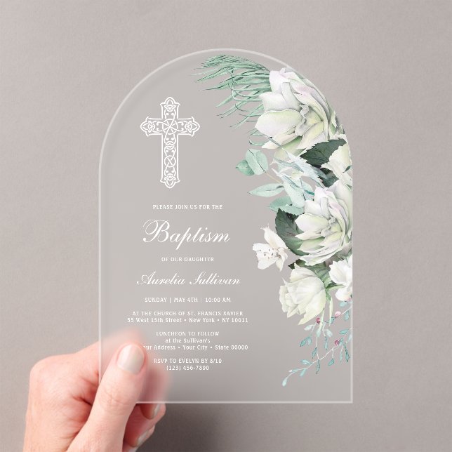 White Roses Greenery Arch Baptism Acrylic Invitations (Insitu (Handheld))