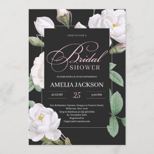 White roses greenery black bridal shower invitation