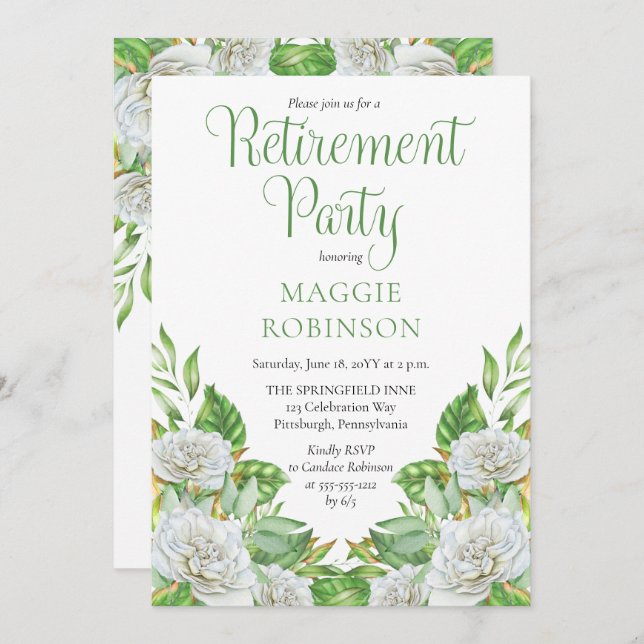 White Roses |Greenery Boho Floral Retirement Party Invitation (Front/Back)