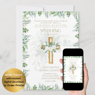 White Roses Greenery Christian Wedding Bible Verse Invitation