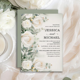 White Roses Greenery Elegant Wedding Invitation